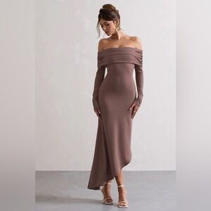 Club L London Romina dress - 
MOCHA RIB KNIT BARDOT MAXI DRESS